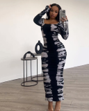 Women Long Sleeve O Neck Printed Tight Maxi Casual Dresses Black Blue Brown S-3XL