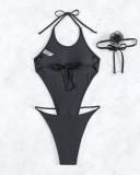 Women Halter Neck 3D Neck Rose High Cut Backless One-piece Swimsuit Black XS-L