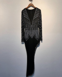 Women V Neck Long Sleeve Rhinestone Irregular Evening Dress Black S-3XL