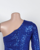 Elegant Sequin Women One Sleeve Irregular Ruffles Maxi Evening Dress Black Red Blue Green S-2XL