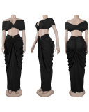 Hot Sale Women Off Shoulder V Neck Ruched  Skirt Sets Two Pieces Outfit Black Coffee Red S-3XL