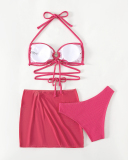 Hot Sale Halter Neck O Ring Backless High Waist Skirt Three-piece Swimsuit Rosy XS-L