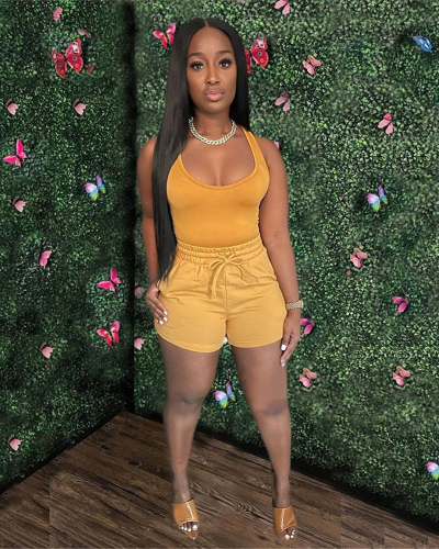 Women U Neck Sleeveless Casual Short Sets Two Pieces Outfit White Pink Yellow Orange S-2XL