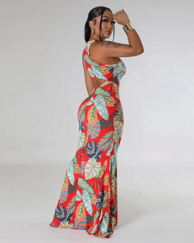 Sleeveless Fashion Printed Sexy Hollow Out Bodycon Maxi Slim Floral Dresses Blue Red Black S-3XL