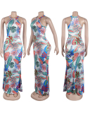 Sleeveless Fashion Printed Sexy Hollow Out Bodycon Maxi Slim Floral Dresses Blue Red Black S-3XL
