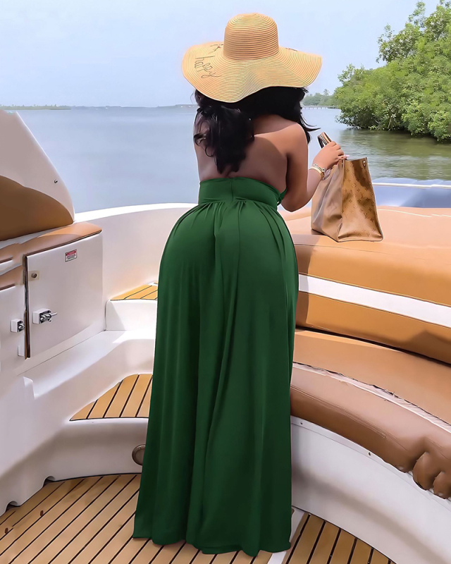 Women Solid Color Hollow Out Sling Summer Vocation High Slit Casual Dresses Blue Brown Green Black S-XL