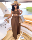 Women Solid Color Hollow Out Sling Summer Vocation High Slit Casual Dresses Blue Brown Green Black S-XL