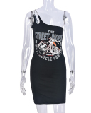 Fashion Printed One Shoulder Slim Women Casual One-piece Dress Black S-L