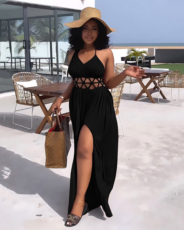 Women Solid Color Hollow Out Sling Summer Vocation High Slit Casual Dresses Blue Brown Green Black S-XL