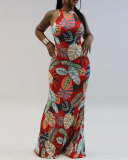 Sleeveless Fashion Printed Sexy Hollow Out Bodycon Maxi Slim Floral Dresses Blue Red Black S-3XL