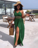 Women Solid Color Hollow Out Sling Summer Vocation High Slit Casual Dresses Blue Brown Green Black S-XL