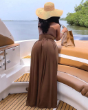 Women Solid Color Hollow Out Sling Summer Vocation High Slit Casual Dresses Blue Brown Green Black S-XL