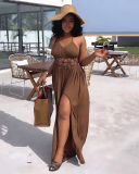 Women Solid Color Hollow Out Sling Summer Vocation High Slit Casual Dresses Blue Brown Green Black S-XL