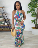 Sleeveless Fashion Printed Sexy Hollow Out Bodycon Maxi Slim Floral Dresses Blue Red Black S-3XL