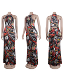 Sleeveless Fashion Printed Sexy Hollow Out Bodycon Maxi Slim Floral Dresses Blue Red Black S-3XL