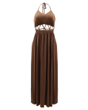 Women Solid Color Hollow Out Sling Summer Vocation High Slit Casual Dresses Blue Brown Green Black S-XL