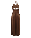 Women Solid Color Hollow Out Sling Summer Vocation High Slit Casual Dresses Blue Brown Green Black S-XL