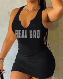 Woman Hot Style Sleeveless Real Bad Printed Slim Mini Dress Black XS-XL