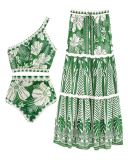 Retro One Shoulder High Waist Maxi Skirts Sets Three-piece Swimsuit Green Blue Purple Red S-XL