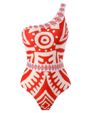 Sexy One Shoulder Fashion Printed Vocation Beach Pants Two-piece Swimsuit Red S-XL