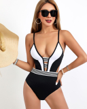 Colorblock Deep V-neck Design One Piece Swimsuit S-XL