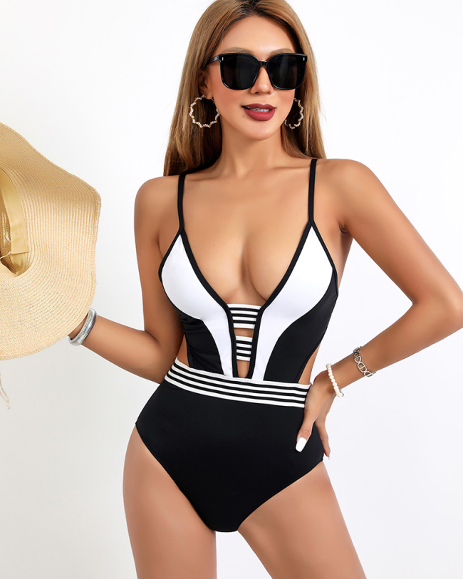 Colorblock Deep V-neck Design One Piece Swimsuit S-XL