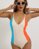 Colorblock Women V-neck One Piece Bathing Suit Swimwear S-XL