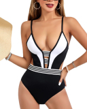 Colorblock Deep V-neck Design One Piece Swimsuit S-XL