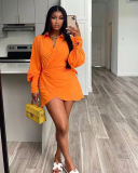 Women Long Sleeve Lapel Solid Color Mini Casual Dresses Red Yellow Orange S-XL