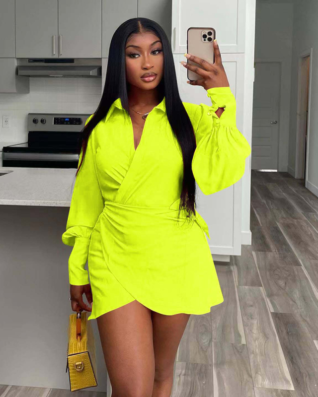 Women Long Sleeve Lapel Solid Color Mini Casual Dresses Red Yellow Orange S-XL