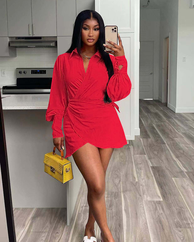 Women Long Sleeve Lapel Solid Color Mini Casual Dresses Red Yellow Orange S-XL