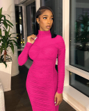 Sexy Fashion Ruched Mesh See Through Long Sleeve Bodycon Casual Dress S-XL