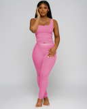 Women Sleeveless Vest High Waist Pants Sets Two Pieces Outfit Pink Gray Rosy Black Blue S-2XL