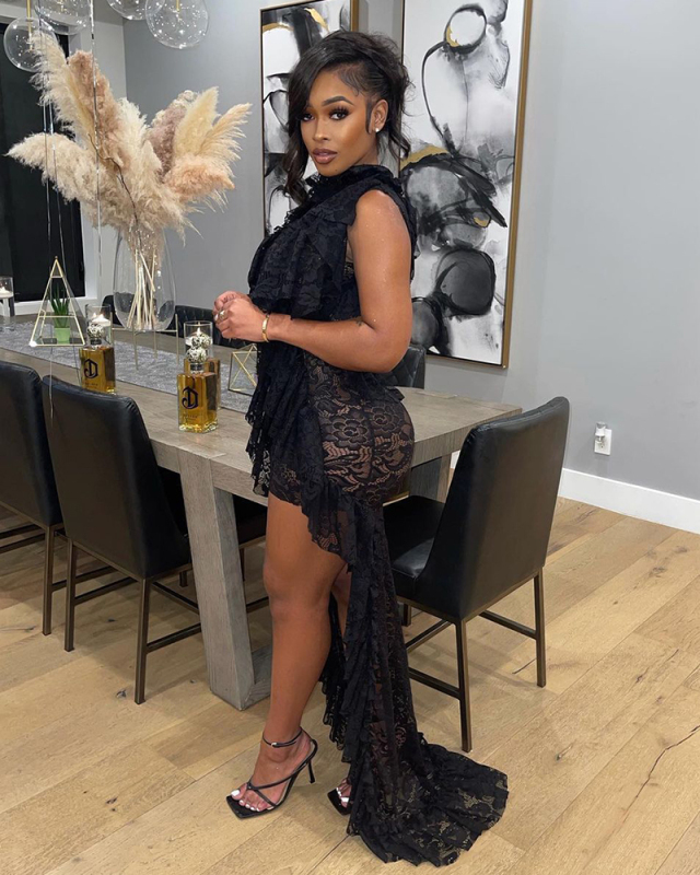 Women Sleeveless Lace Irregular Floor Length Ruffler Collar Dress Black Green Brown S-2XL