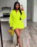 Women Long Sleeve Lapel Solid Color Mini Casual Dresses Red Yellow Orange S-XL