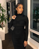 Sexy Fashion Ruched Mesh See Through Long Sleeve Bodycon Casual Dress S-XL