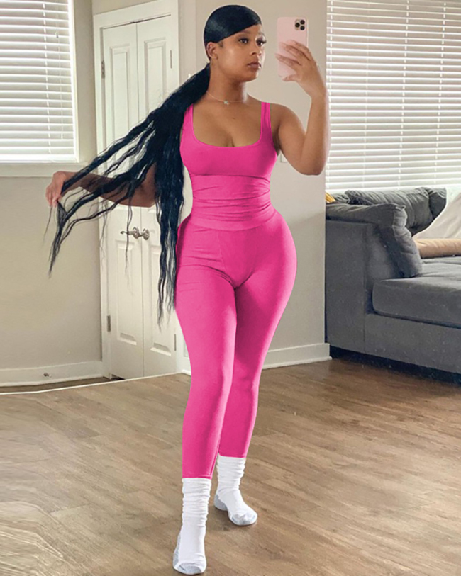 Women Sleeveless Vest High Waist Pants Sets Two Pieces Outfit Pink Gray Rosy Black Blue S-2XL
