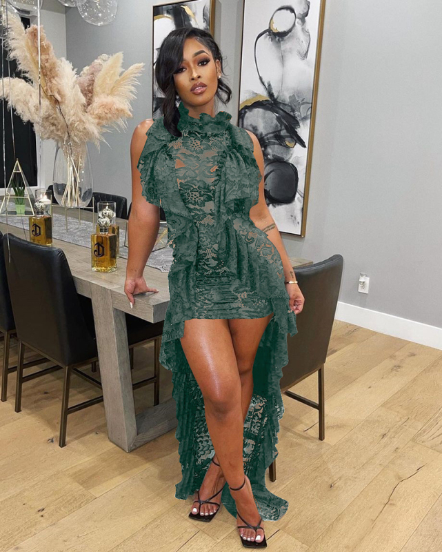 Women Sleeveless Lace Irregular Floor Length Ruffler Collar Dress Black Green Brown S-2XL