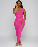 Women Sleeveless Vest High Waist Pants Sets Two Pieces Outfit Pink Gray Rosy Black Blue S-2XL