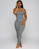 Women Sleeveless Vest High Waist Pants Sets Two Pieces Outfit Pink Gray Rosy Black Blue S-2XL