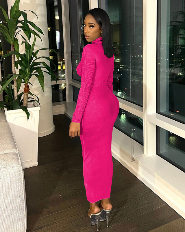 Sexy Fashion Ruched Mesh See Through Long Sleeve Bodycon Casual Dress S-XL