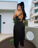 Women Sleeveless Ruched Loose Pants Sets Two Pieces Outfit Orange Gray Black S-2XL