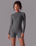 Women Long Sleeve Zipper Front Solid Color Romper S-XL