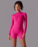 Women Long Sleeve Zipper Front Solid Color Romper S-XL