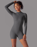 Women Long Sleeve Zipper Front Solid Color Romper S-XL