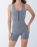 Women Sleeveless Zipper Neck Slim Romper Gray Black S-L