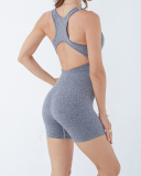 Women Sleeveless Zipper Neck Slim Romper Gray Black S-L
