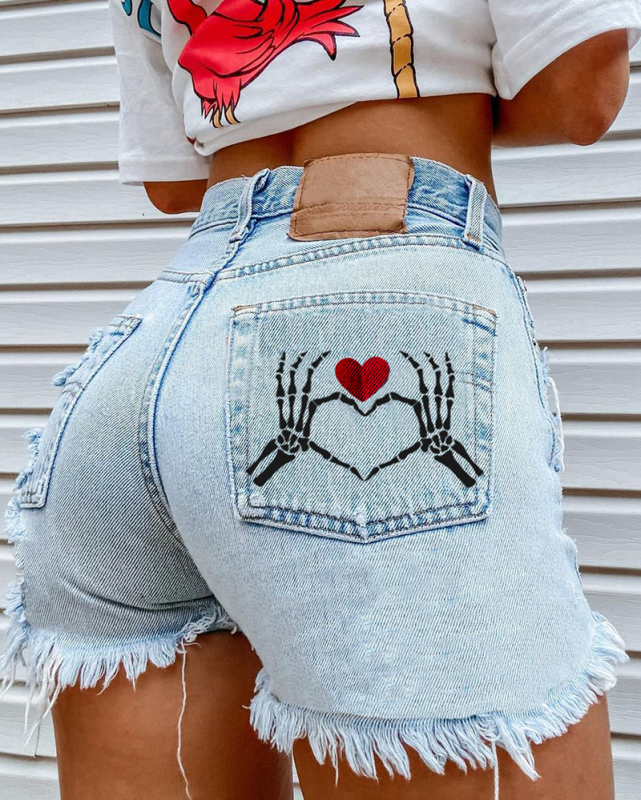 Women High Waist Heart Skeleton Bone Street Style Tassels Jeans Shorts Black Blue S-2XL