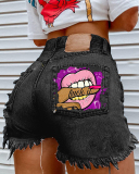 Women Lips Printed Fashion Hole Jeans Shorts Black Blue S-3XL