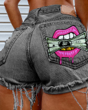 Summer New Hot Women Dollar Lips Printed Hole Tassel Ripped Jeans Shorts Black Blue Gray S-4XL